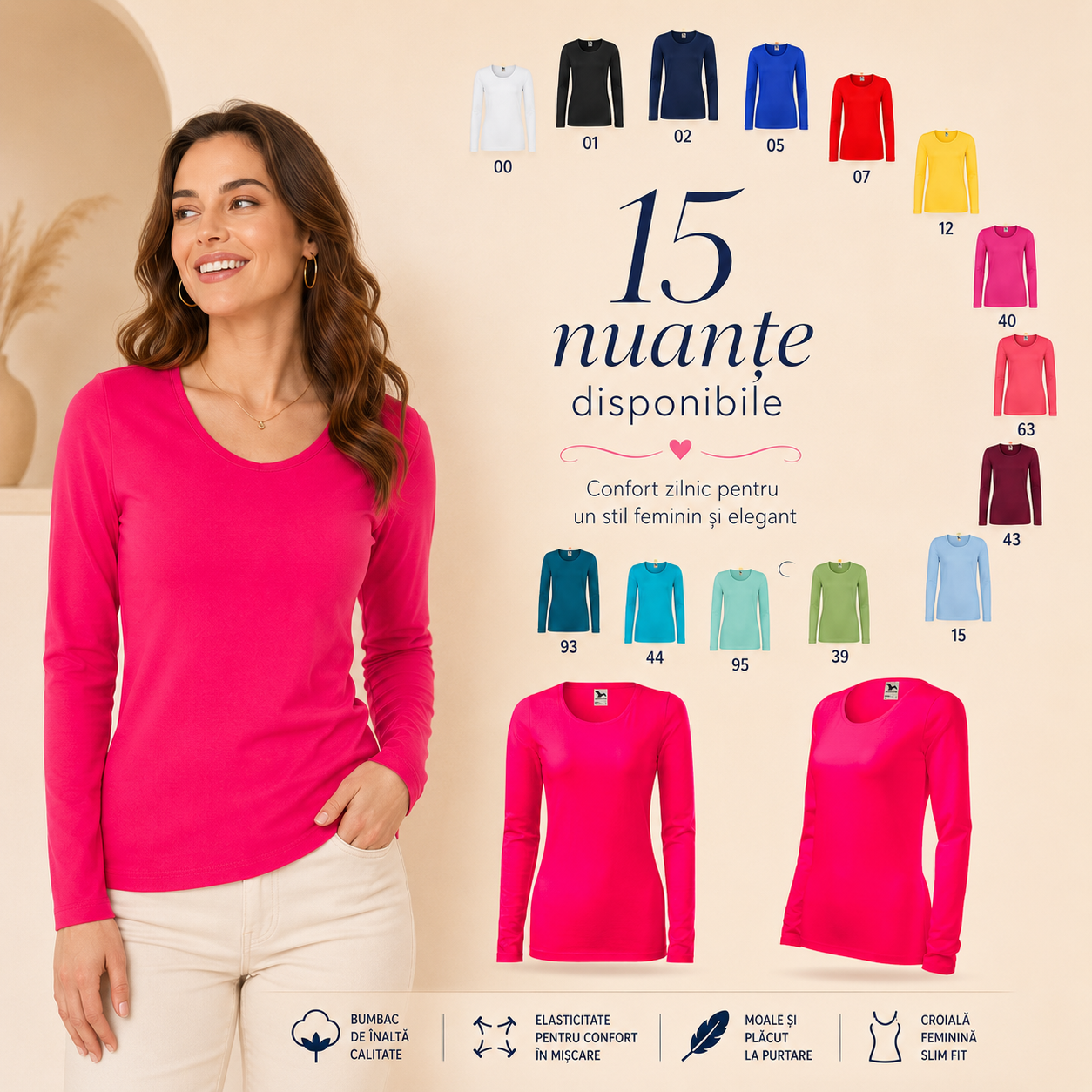 Bluză damă slim cu m&acirc;necă lungă disponibilă &icirc;n 15 nuanțe
